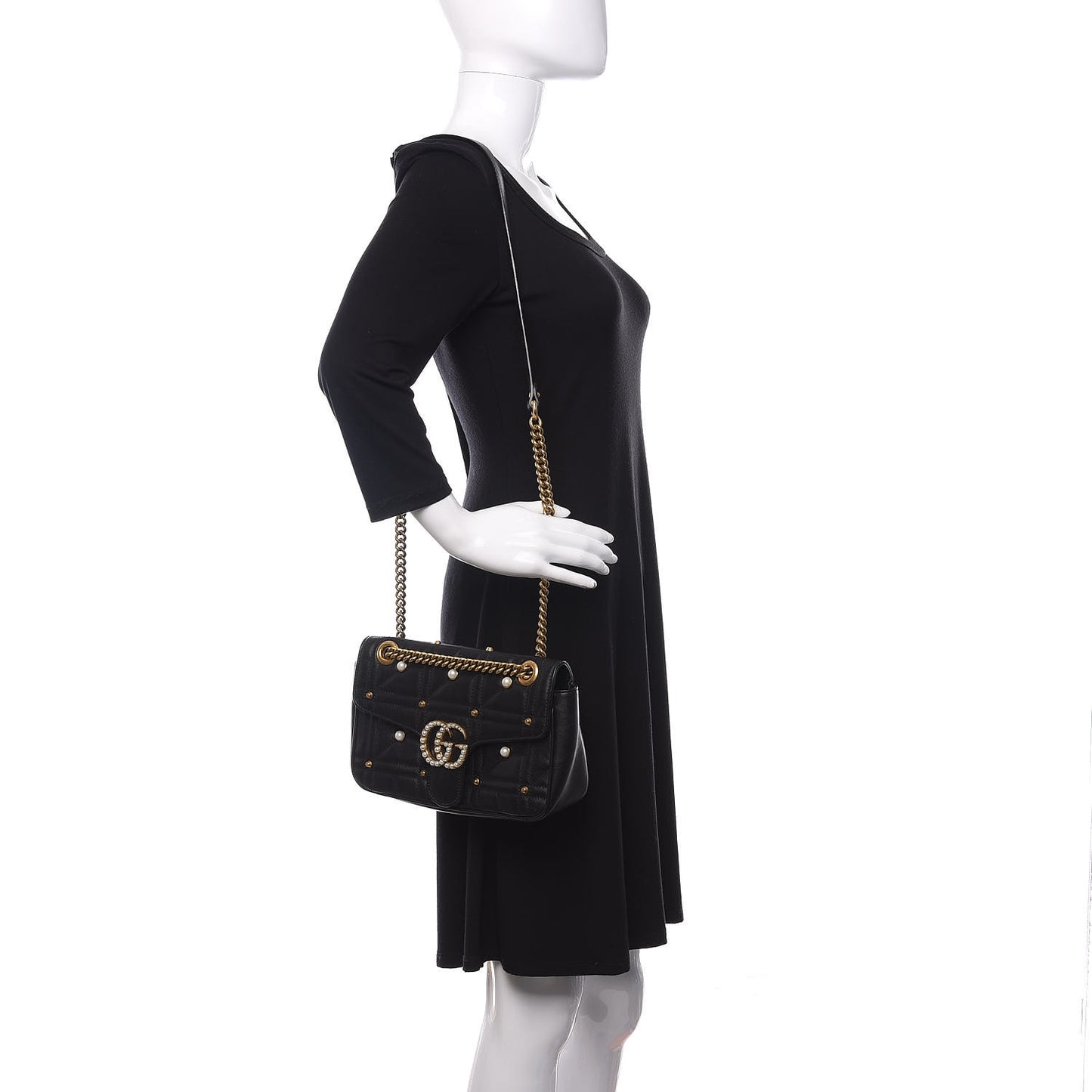 Calfskin Matelasse Studded Small Pearly GG Marmont Shoulder Bag Black