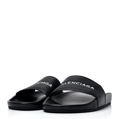Balenciaga Nappa Logo Pool Slide Sandals 38 Black White 3 of 8