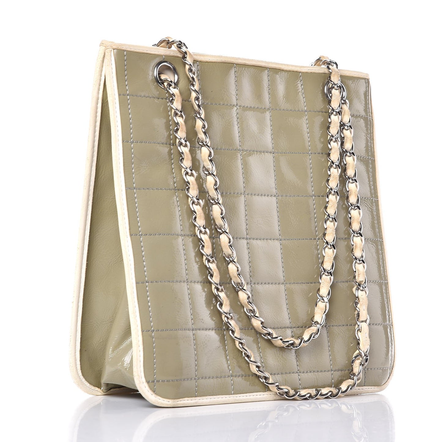 Patent Chocolate Bar Quilted Tote Khaki Beige