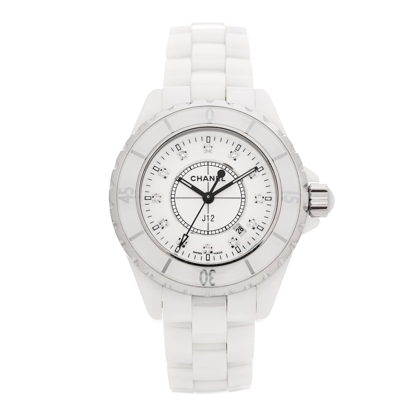 Stainless Steel Ceramic Diamond 33mm J12 Quartz Watch White