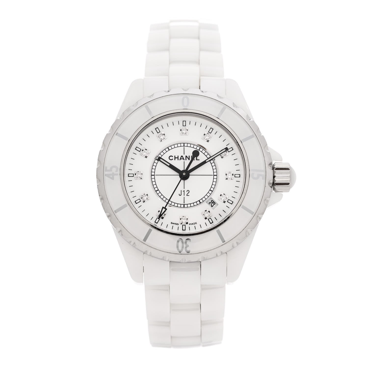Chanel Stainless Steel Ceramic Diamond 33mm J12 Quartz Watch White 1 of 4