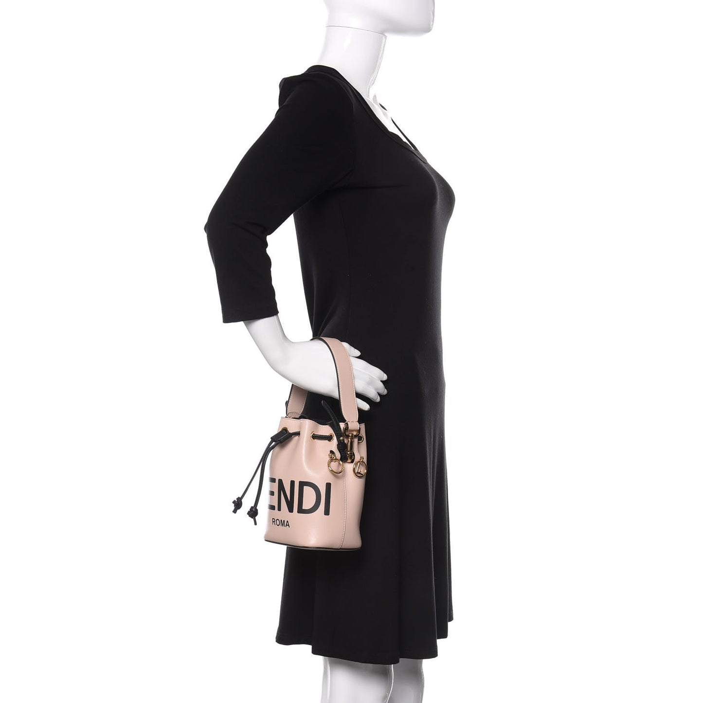 Vitello Fluffy Grace F is Fendi Logo Embossed Mini Mon Tresor Bucket Bag Rosa Quarzo Black