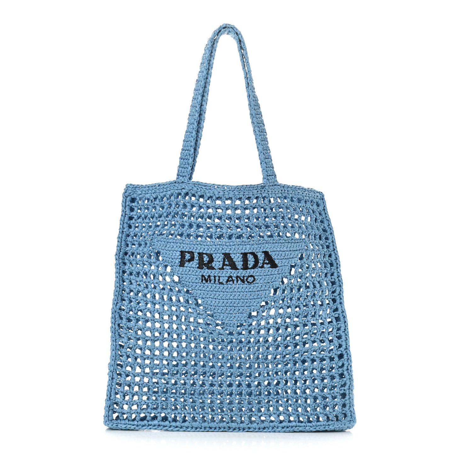 Yarn Raffia Effect Crochet Logo Embroidered Tote Bag Celeste