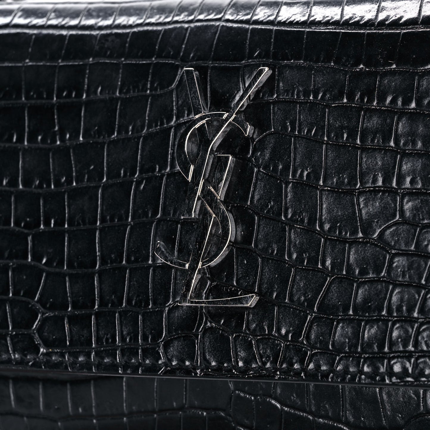 Calfskin Crocodile Embossed Monogram Sunset Chain Wallet Black