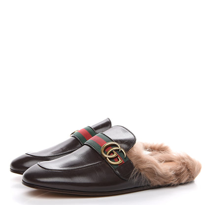 Gucci Goatskin Fur Web GG Mens Princetown Slippers 8 Cocoa 3 of 9