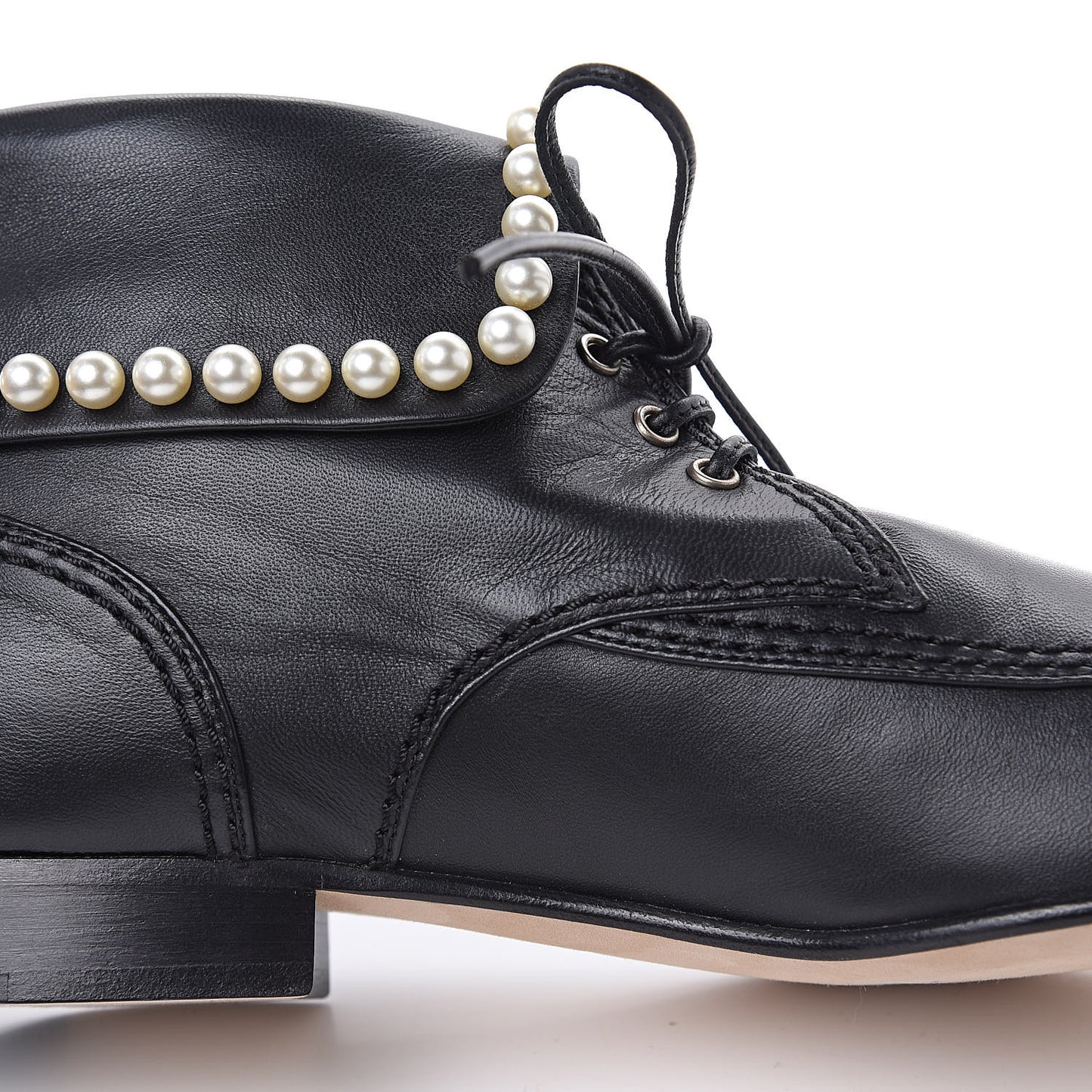 Lambskin Patent Calfskin Pearl Lace Up Boots 39.5 Black