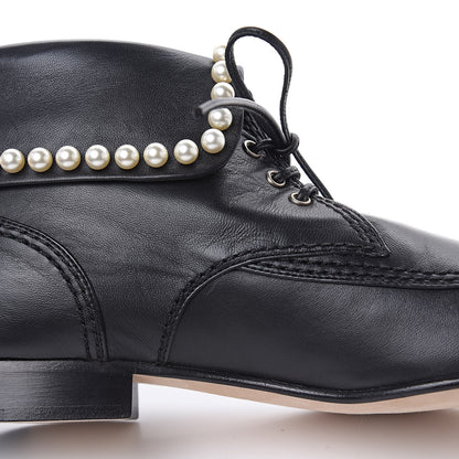 Chanel Lambskin Patent Calfskin Pearl Lace Up Boots 39.5 Black 9 of 11