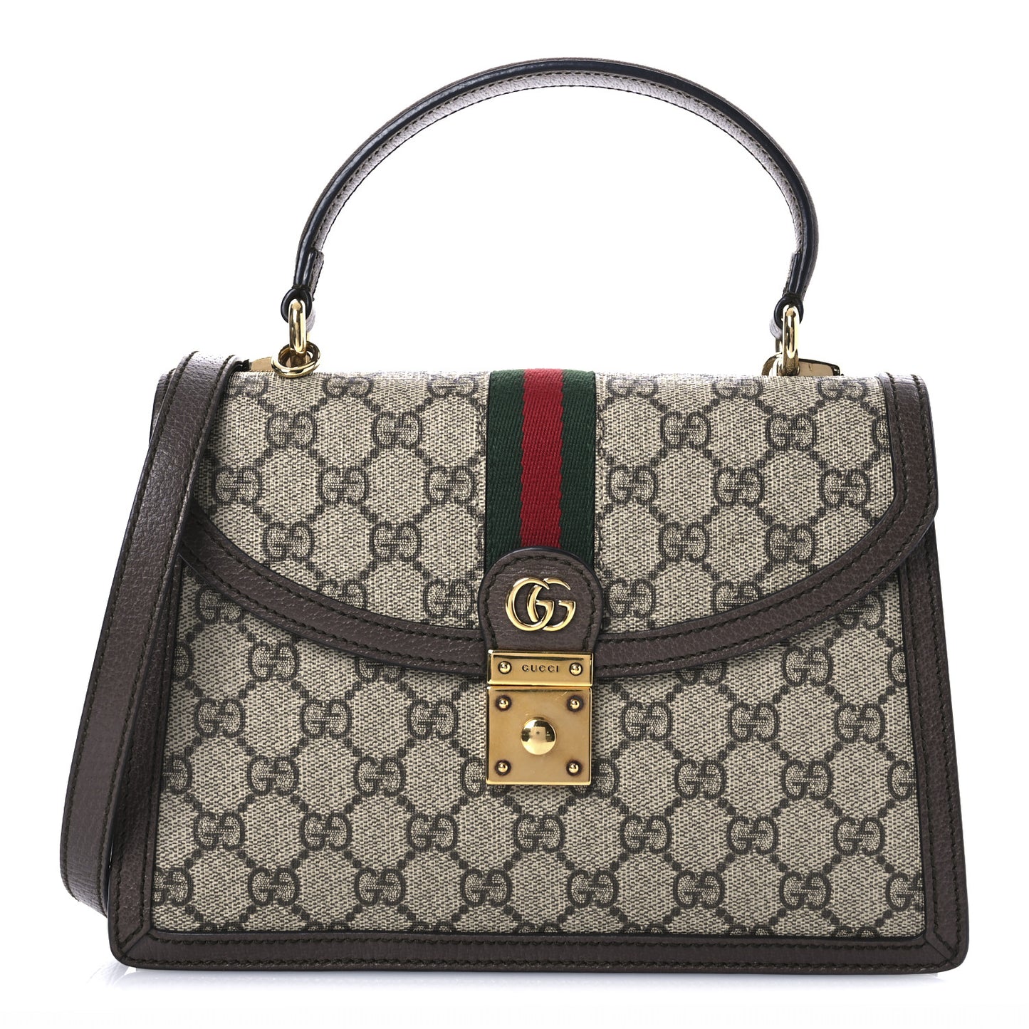 GG Supreme Monogram Textured Dollar Calfskin Web Small Ophidia Padlock Top Handle Bag Beige Ebony New Acero