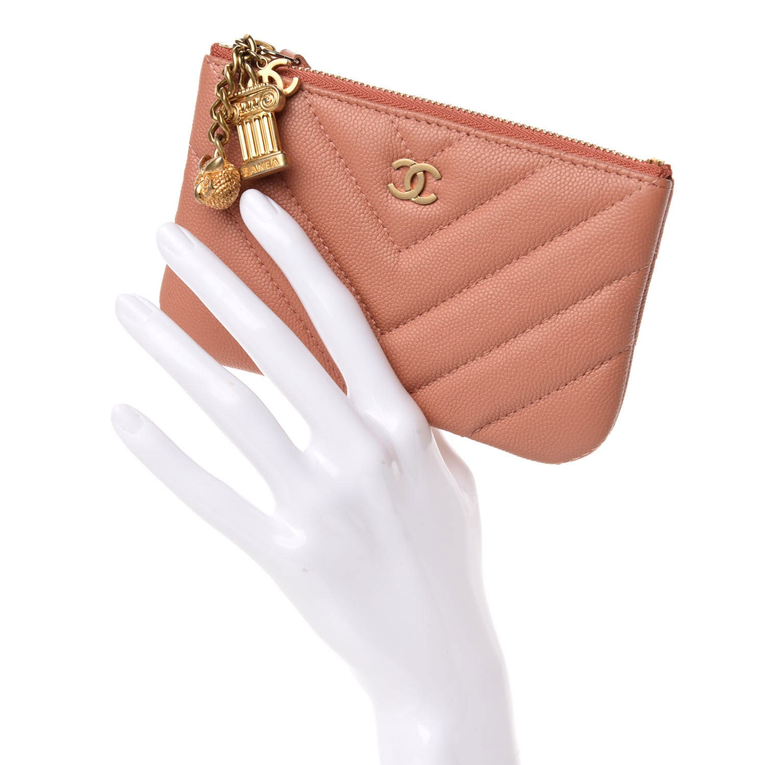 Chanel Caviar Chevron Quilted Small Ancient Greek Charms Cosmetic Case Dark Beige 2 of 9