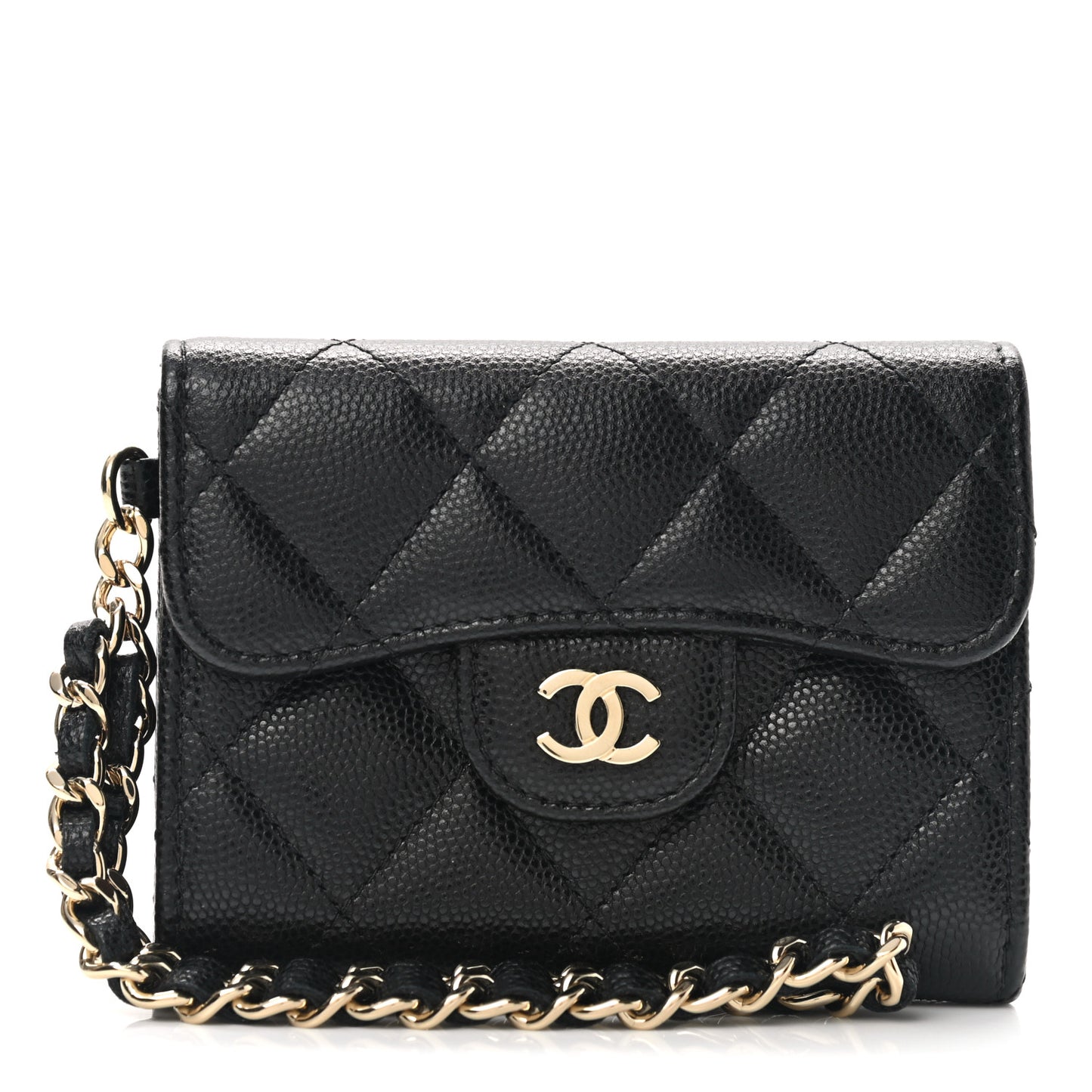 Caviar Quilted Flap Card Holder Chain Wristlet Black