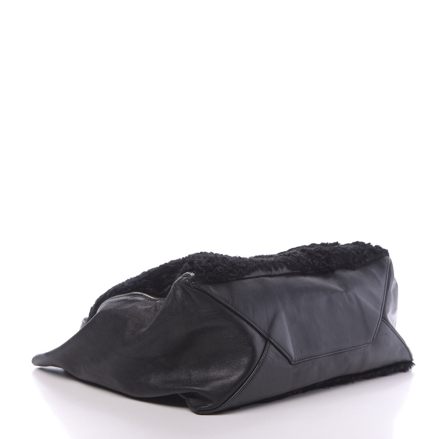 Shiny Smooth Calfskin Shearling Horizontal Cabas Zipper Tote Black