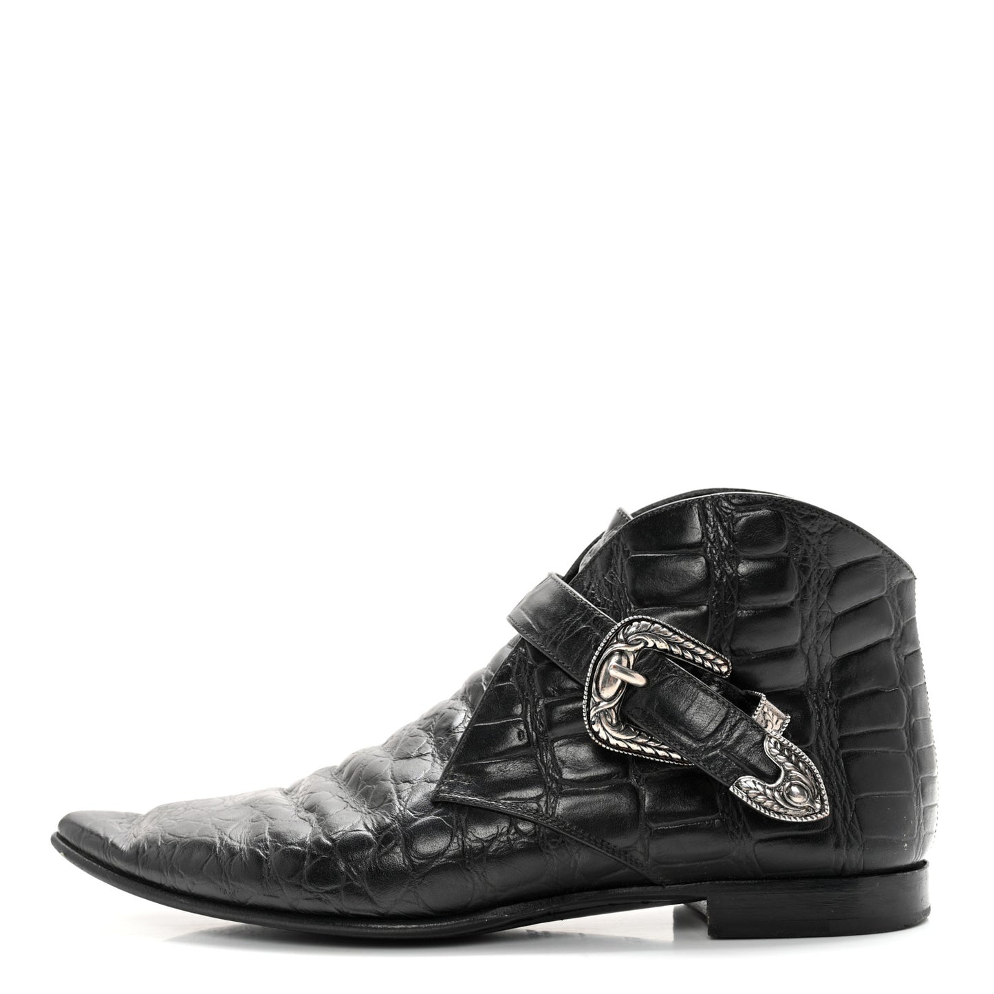 Calfskin Crocodile Embossed Womens Dixon Buckle Ankle Boots 37.5 Black