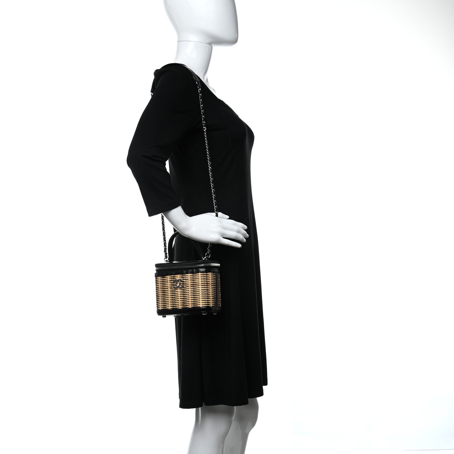 Chanel Calfskin Raffia Small Vanity Case Bag Black Beige 2 of 10