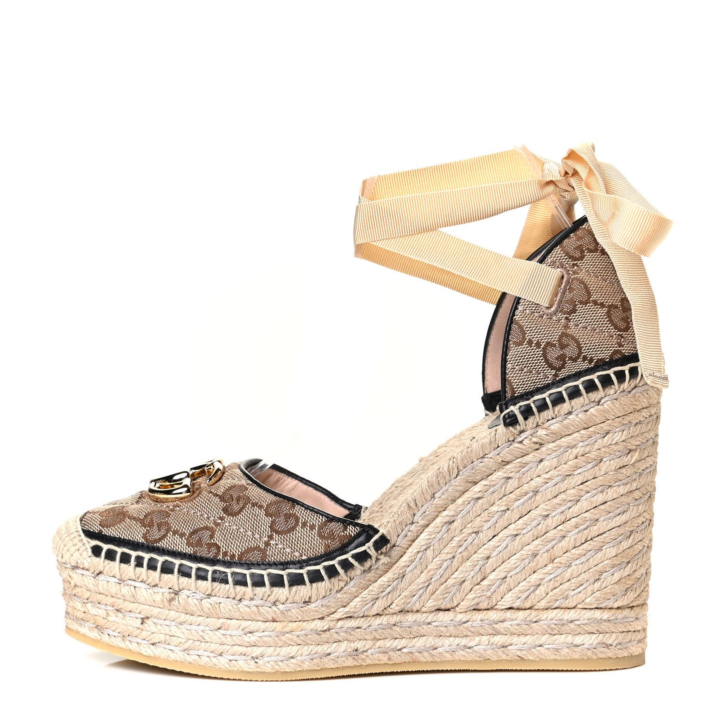 Monogram Matelasse GG Marmont Ankle Wrap Platform 35/120mm Espadrille Wedges 39.5 Beige Ebony Black Sand Storm