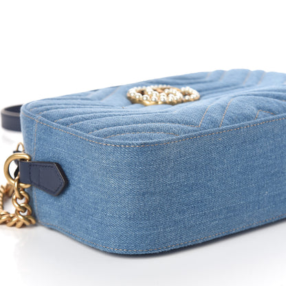 Gucci Denim Matelasse Small Pearly GG Marmont Chain Shoulder Bag Blue 5 of 9
