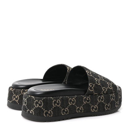 Gucci Jacquard Black Denim GG Monogram Angelina Platform 55mm Slide Sandals 39.5 Black Ivory 5 of 10