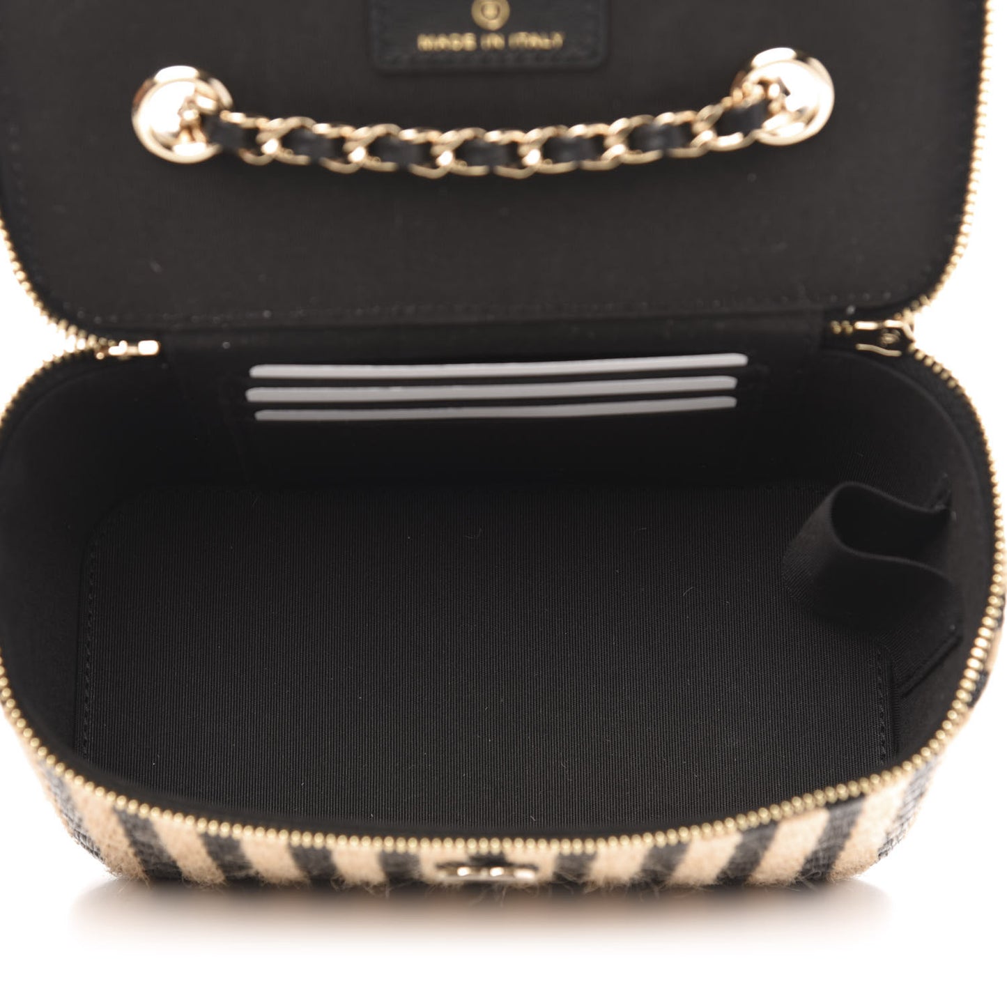 Raffia Jute Striped Small Vanity Case With Chain Black Beige