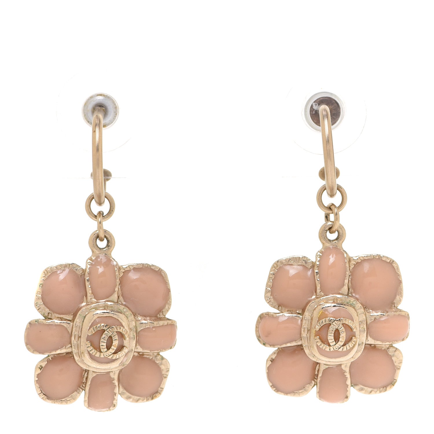 Chanel Enamel Flower CC Drop Earrings Beige Pink 1 of 6