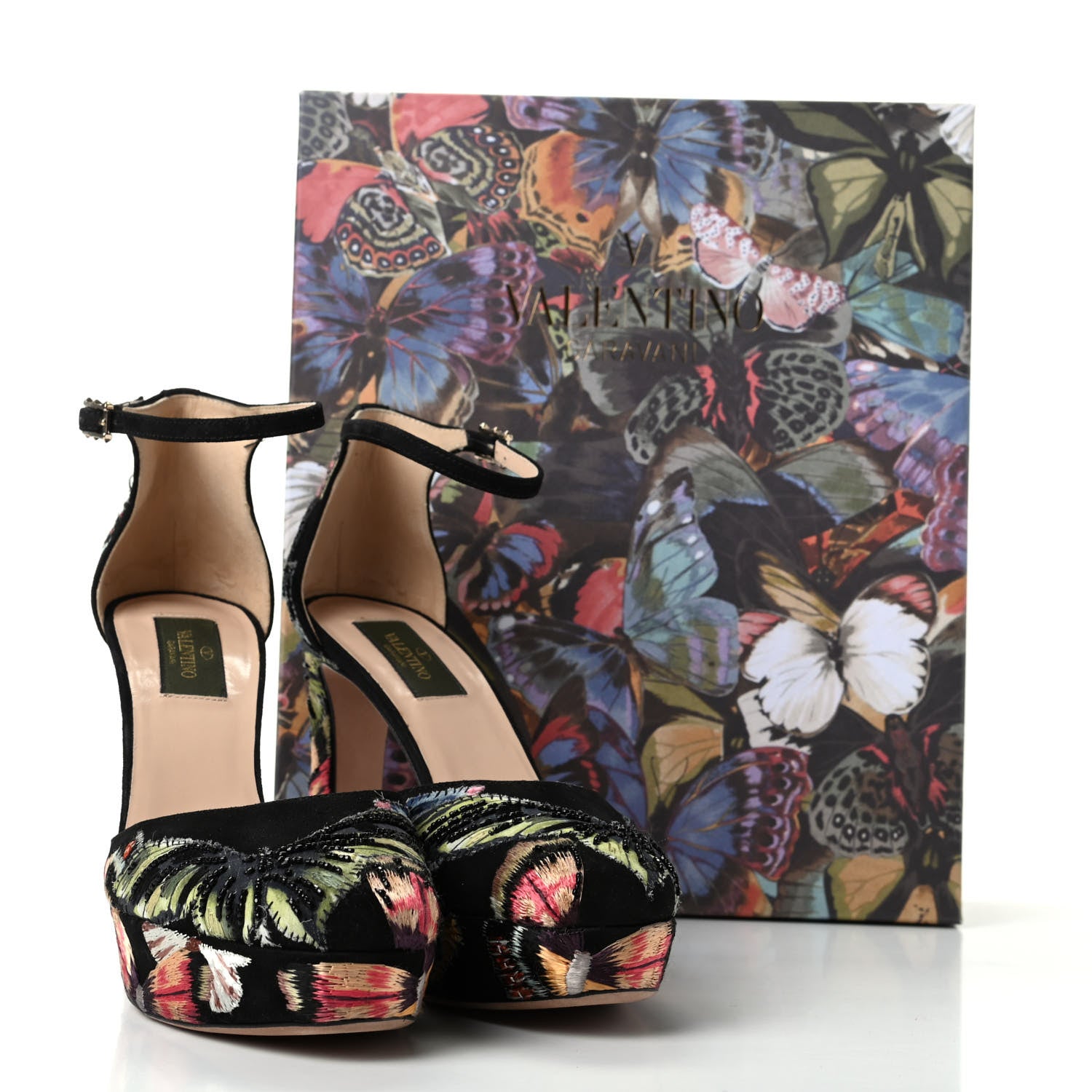 Valentino Garavani Suede Butterfly Embroidered d'Orsay Ankle Strap Platform Pumps 37.5 Black 10 of 10