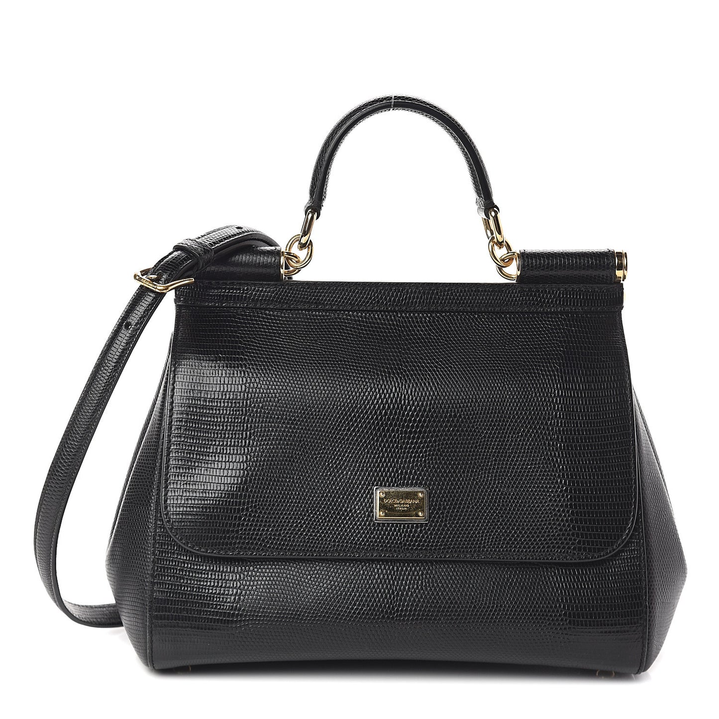 Iguana Calfskin Embossed Medium Miss Sicily Satchel Black