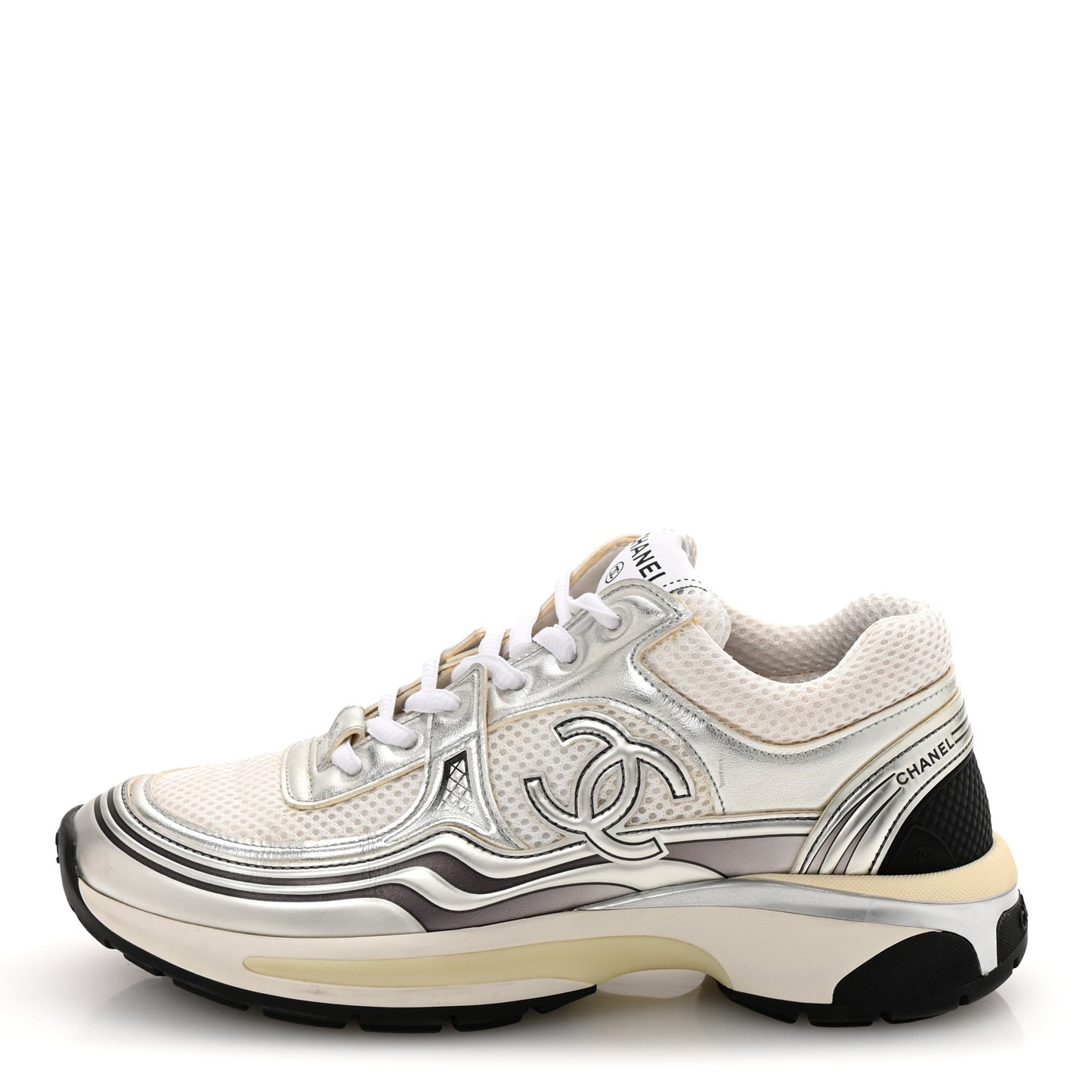 Fabric Laminated Calfskin Stretch CC Sneakers 37 White Silver