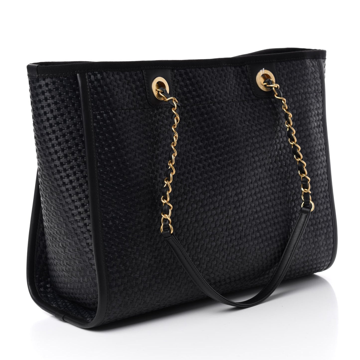Woven Straw Raffia Small Deauville Tote Black