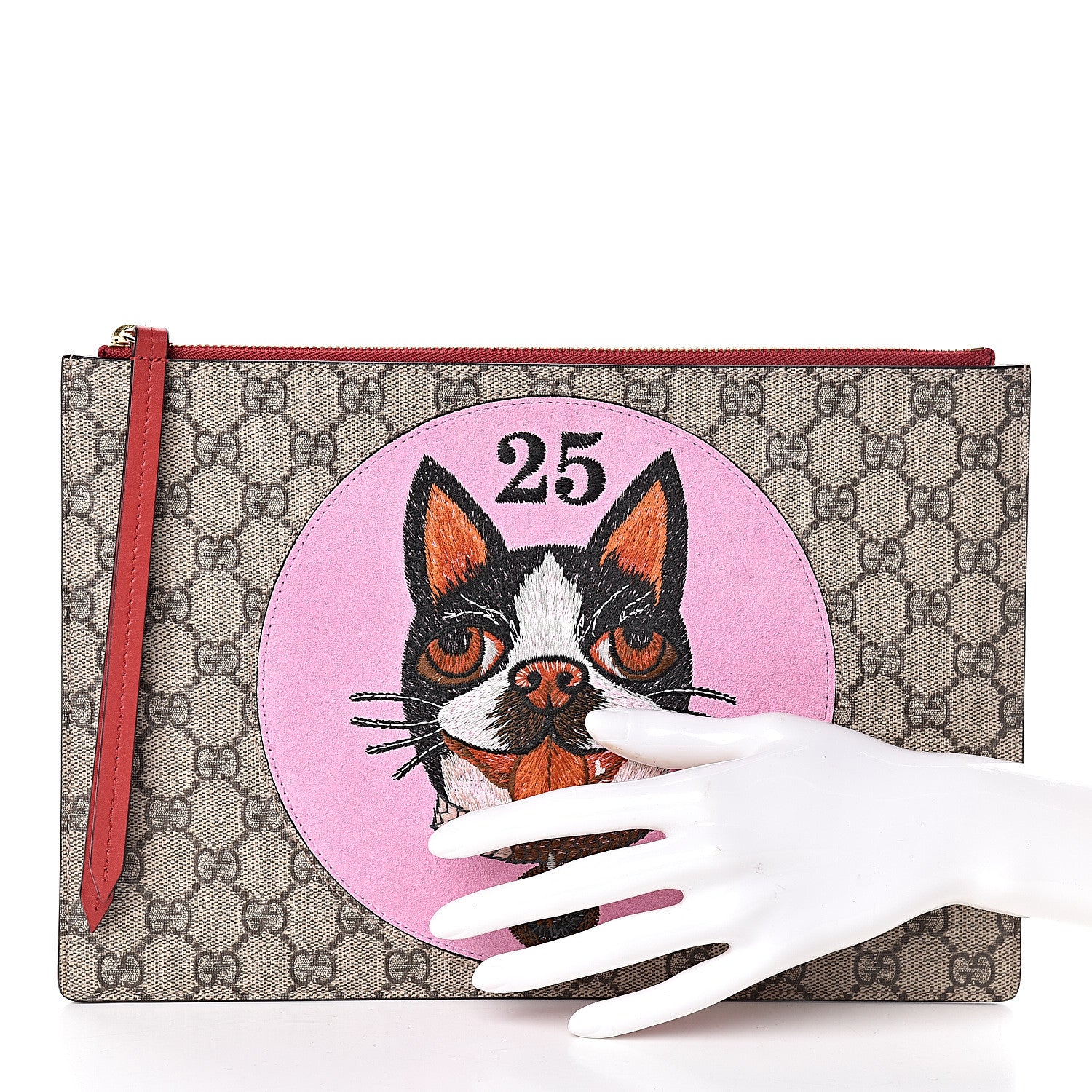 Gucci GG Supreme Monogram Bosco Patch Zip Pouch Beige Malva Hibiscus Red 2 of 8
