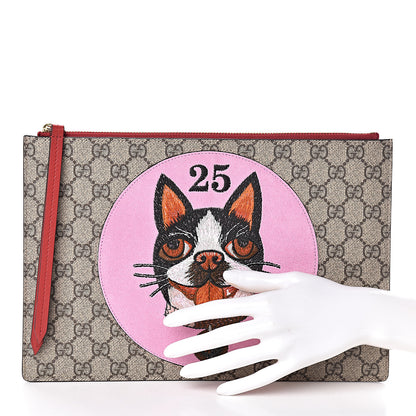 Gucci GG Supreme Monogram Bosco Patch Zip Pouch Beige Malva Hibiscus Red 2 of 8