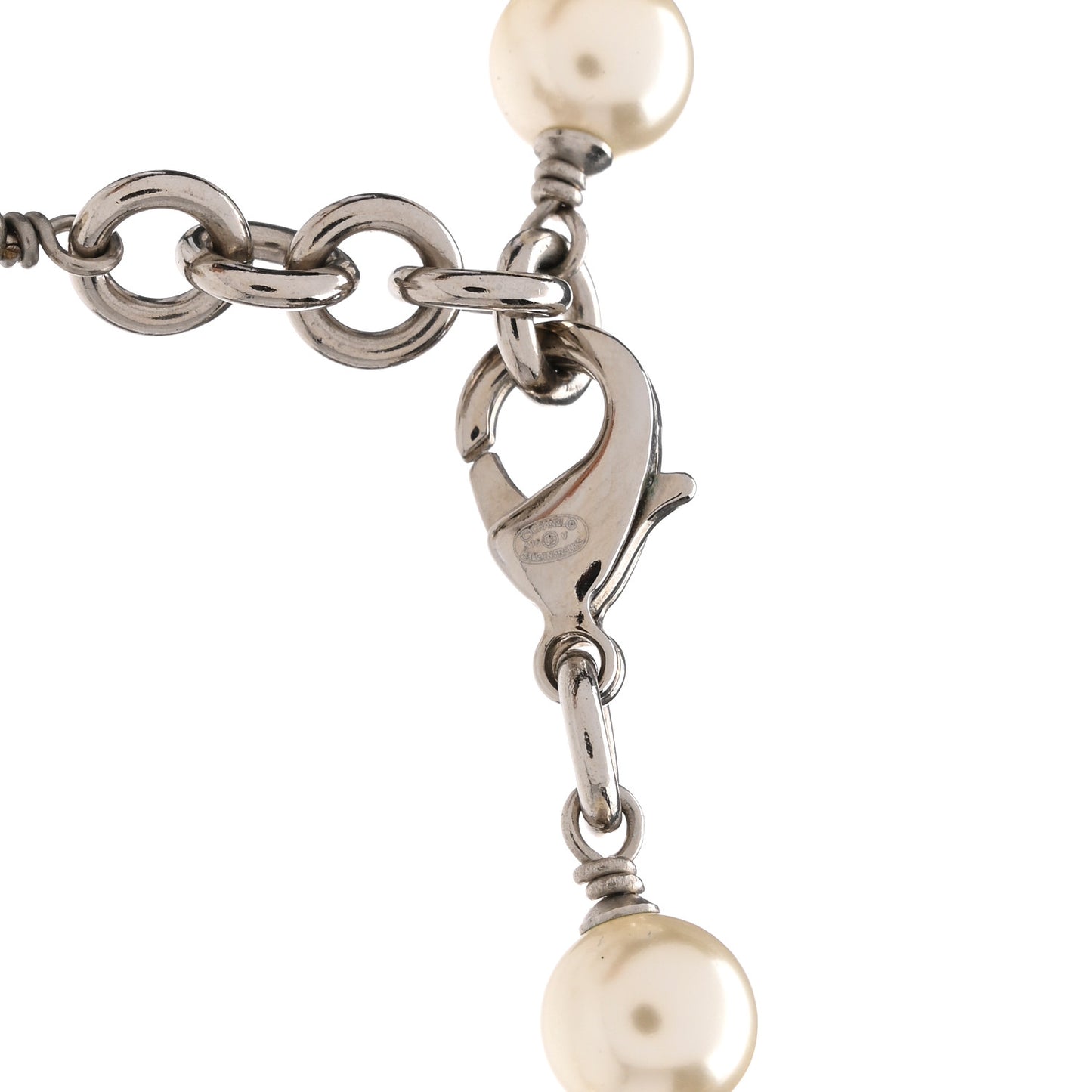 Graduated Pearl Crystal CC Long Necklace Silver