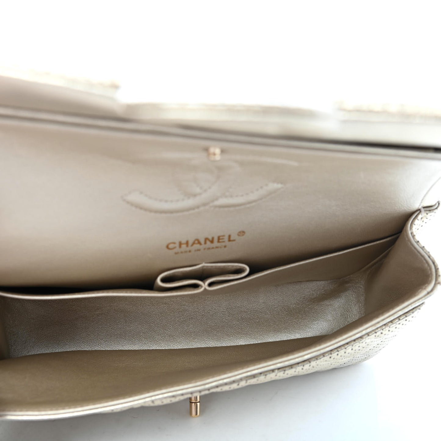 Metallic Lambskin Perforated Medium Double Flap Gold