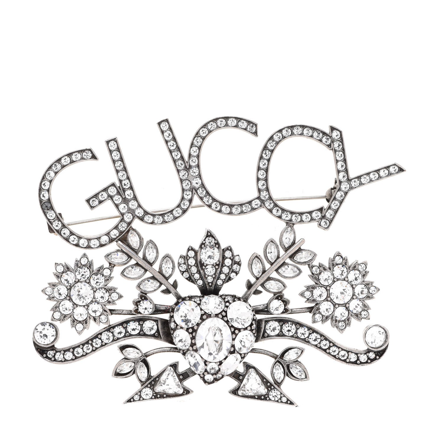 Metal Crystal Guccy Brooch Aged Silver