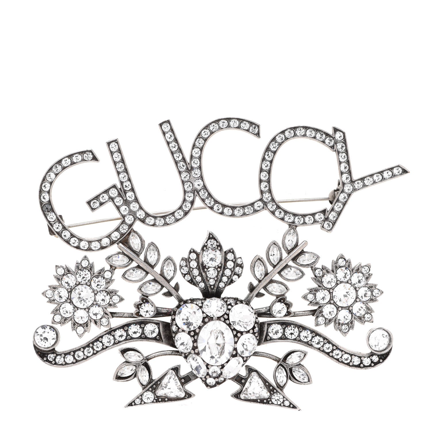 Gucci Metal Crystal Guccy Brooch Aged Silver 1 of 5