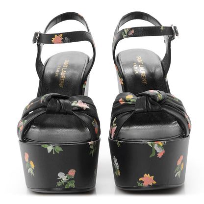 Saint Laurent Nappa Calfskin Grunge Flower Printed Candy 85 Platform Wedge Sandals 37.5 Black Multicolor 3 of 10