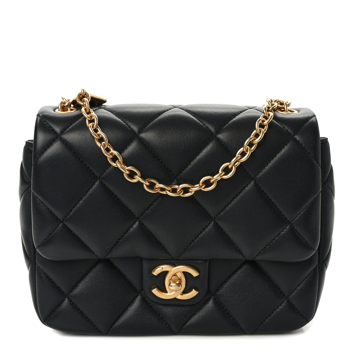 Lambskin Enamel Pearl Quilted Mini Charm Me Square Flap Black