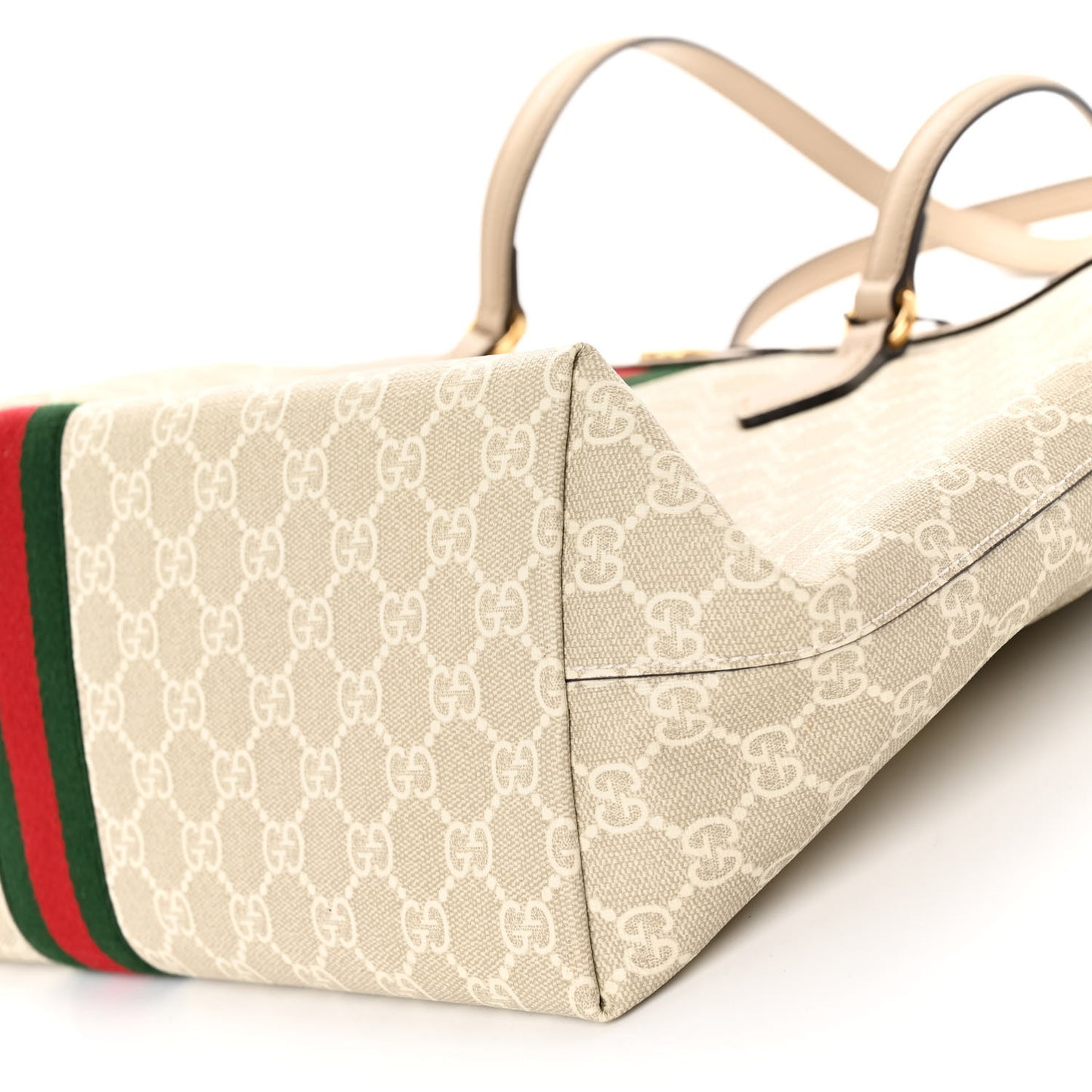 GG Supreme Monogram Textured Dollar Calfskin Web Medium Ophidia Shopping Tote Beige Mystic White Oatmeal