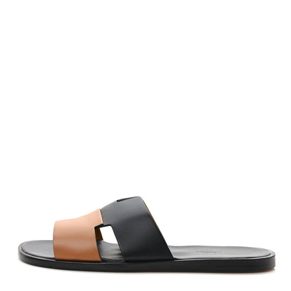 Hermes Calfskin Mens Izmir Sandals 43.5 Black Naturel 1 of 9