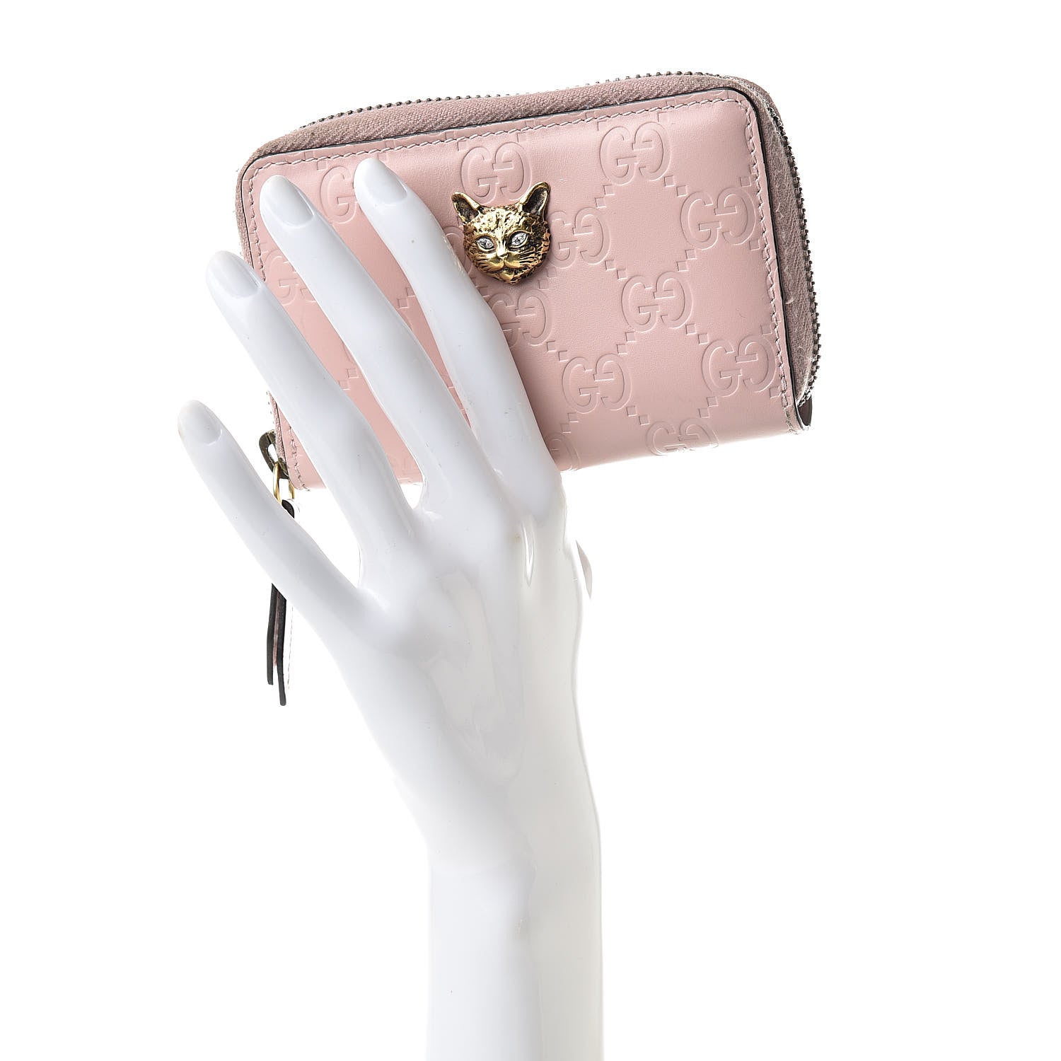 Gucci Guccissima Signature Crystal Cat Zip Around Card Case Light Candy Pink 2 of 11