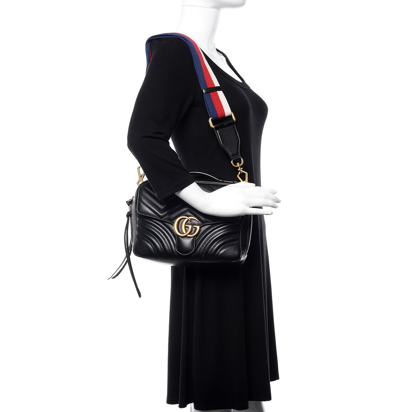 Calfskin Matelasse Sylvie Web Small GG Marmont Top Handle Shoulder Bag Black