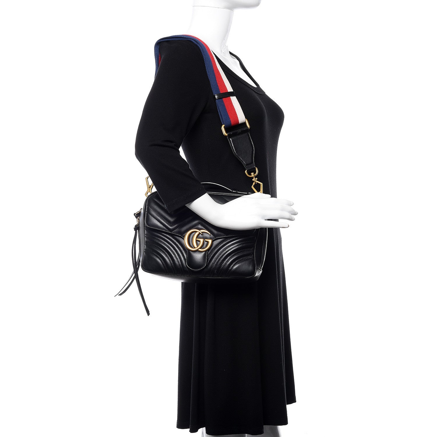 Gucci Calfskin Matelasse Sylvie Web Small GG Marmont Top Handle Shoulder Bag Black 2 of 11