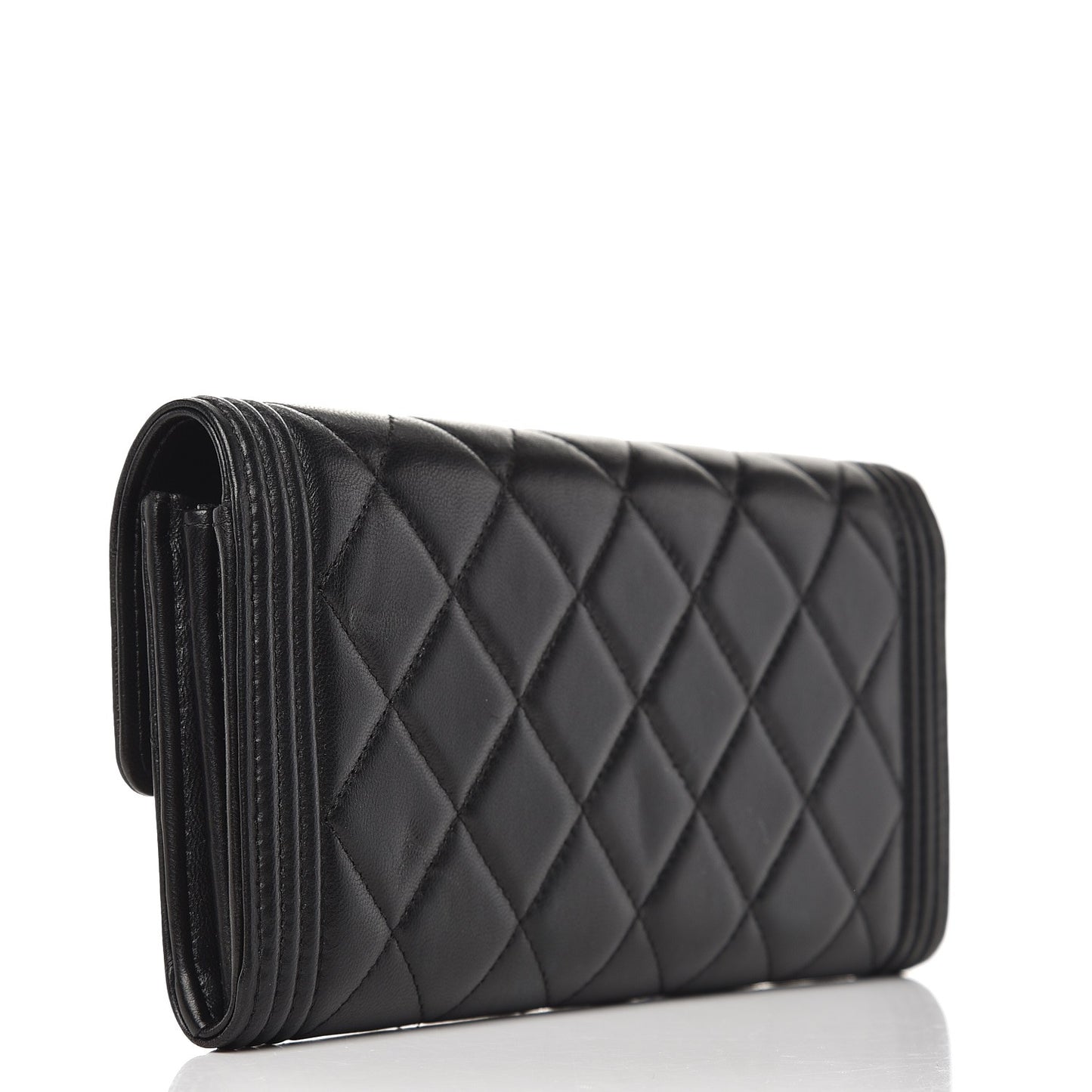 Lambskin Quilted Boy Large Gusset Flap Wallet Black
