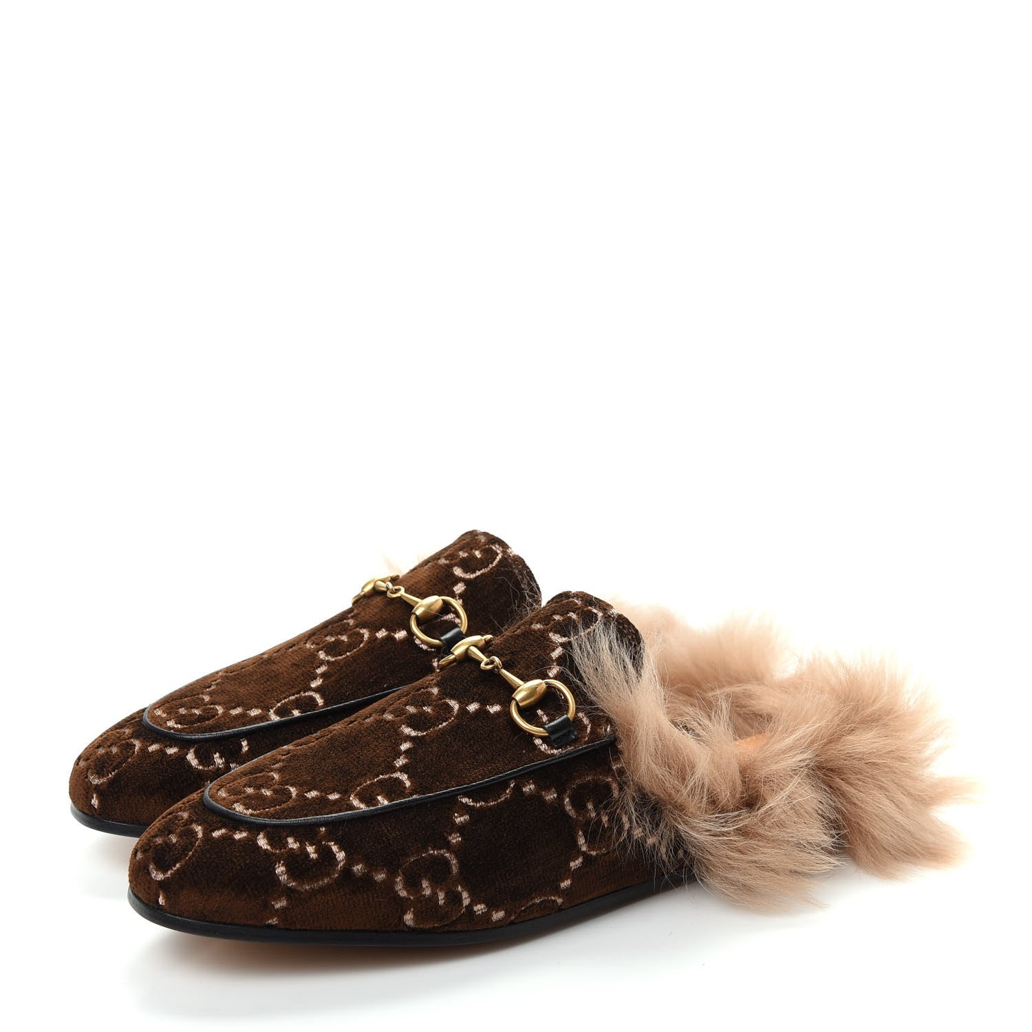 Gucci Velvet GG Monogram Fur Womens Princetown Slippers 37 Brown Black Natural 3 of 10