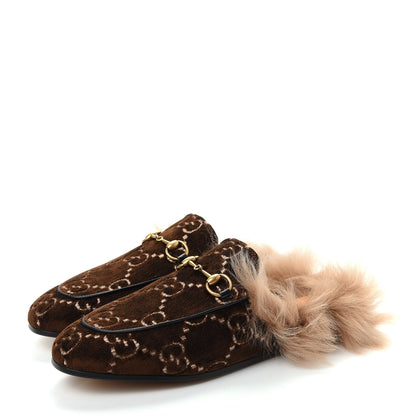 Gucci Velvet GG Monogram Fur Womens Princetown Slippers 37 Brown Black Natural 3 of 10