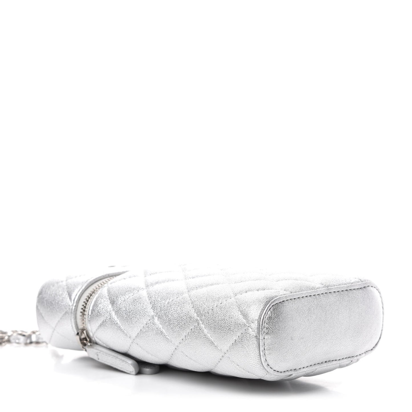 Metallic Lambskin Quilted Phone Holder With Chain Silver