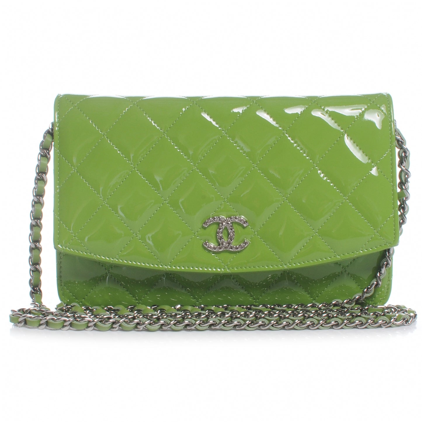 Patent Quilted Wallet On Chain WOC Lime Green