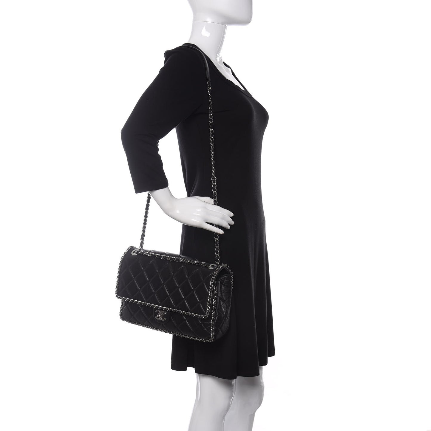 Crumpled Calfskin Quilted Large Chain All Over Flap Bag Black