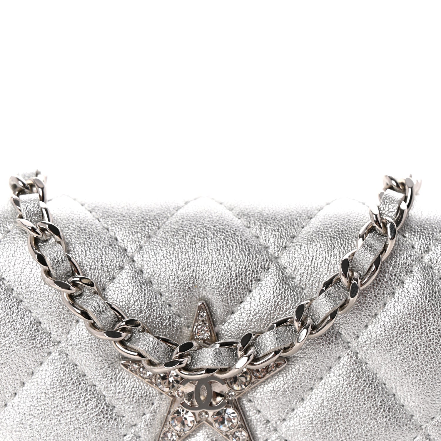 Chanel Metallic Goatskin Quilted Crystal CC Walk Of Fame Clutch With Chain Silver 7 of 9