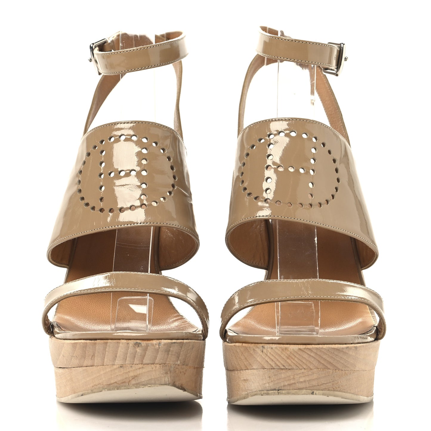 Patent Calfskin Perforated H Platform Sandals 37 Beige