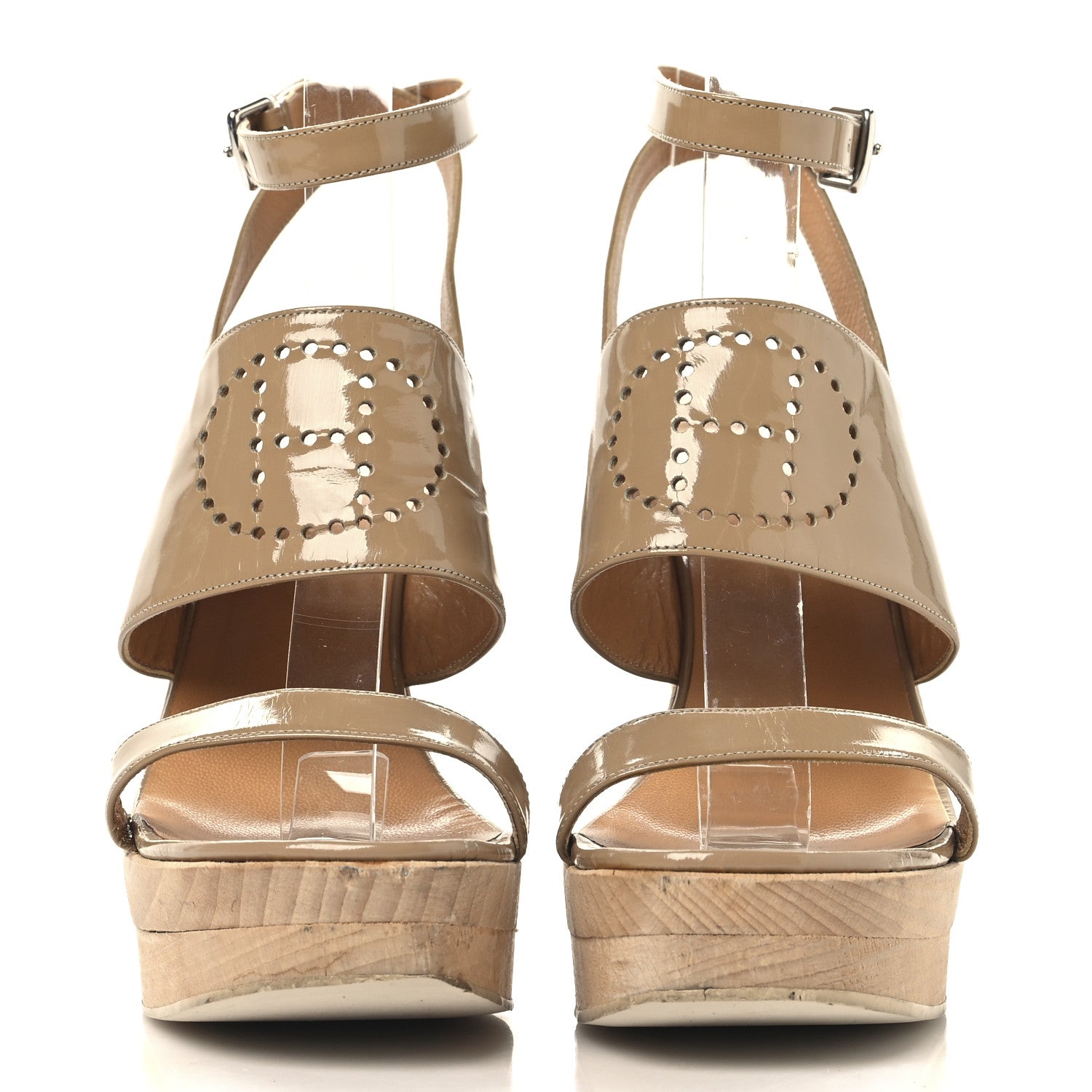 Hermes Patent Calfskin Perforated H Platform Sandals 37 Beige 3 of 9