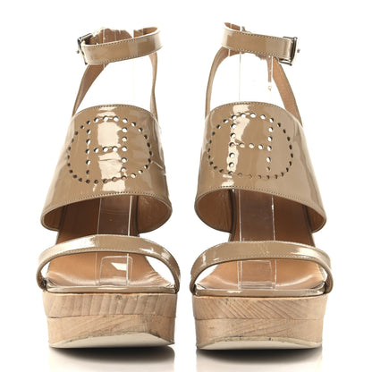 Hermes Patent Calfskin Perforated H Platform Sandals 37 Beige 3 of 9