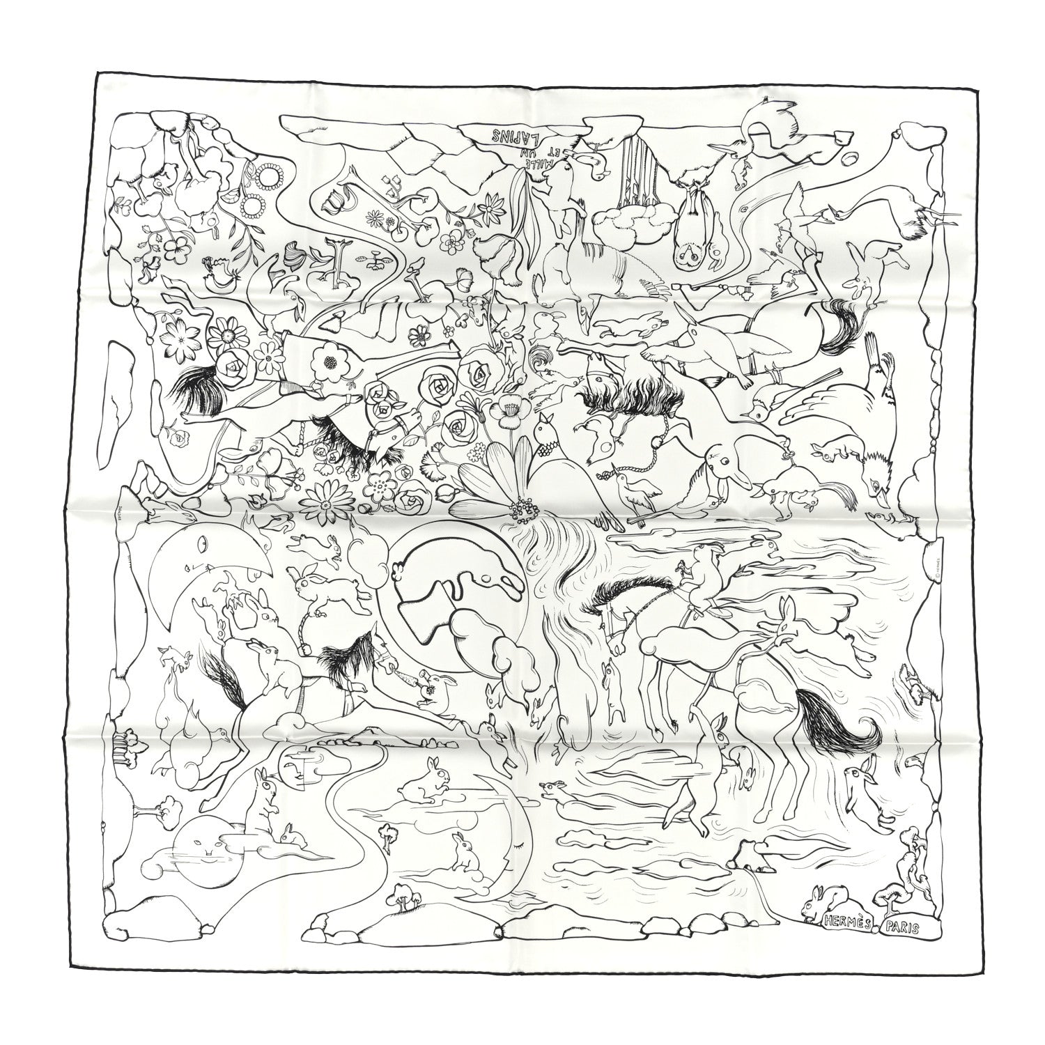 Hermes Silk Mille Et Un Lapins Scarf 90 White Black 1 of 5